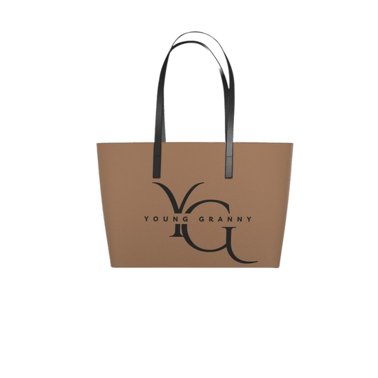 Brown small tote bag with 'Young Granny' logo on a white background