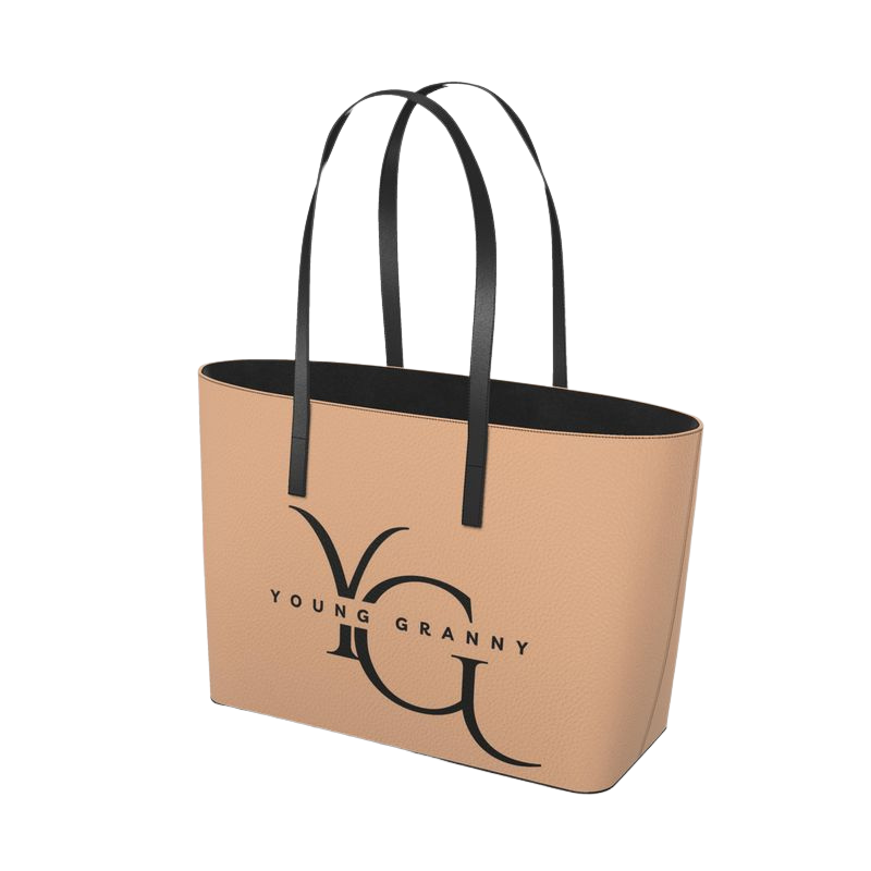 Beige small tote bag with black handles and 'Young Granny' logo on a white background