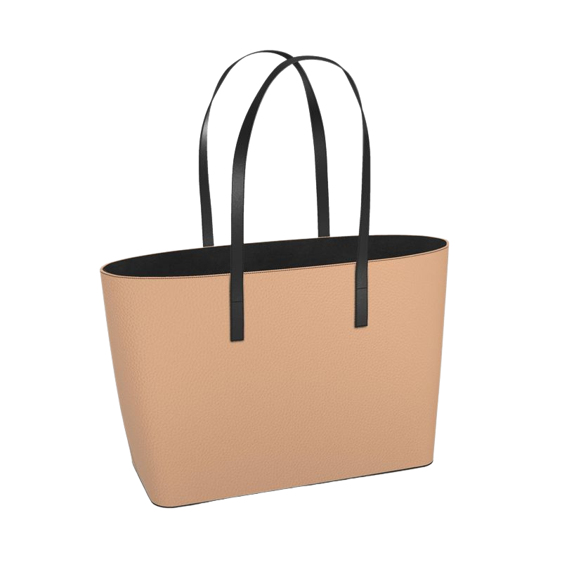 Beige small tote bag with black handles on a white background