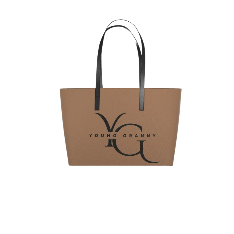 Brown small tote bag with 'Young Granny' logo on a white background