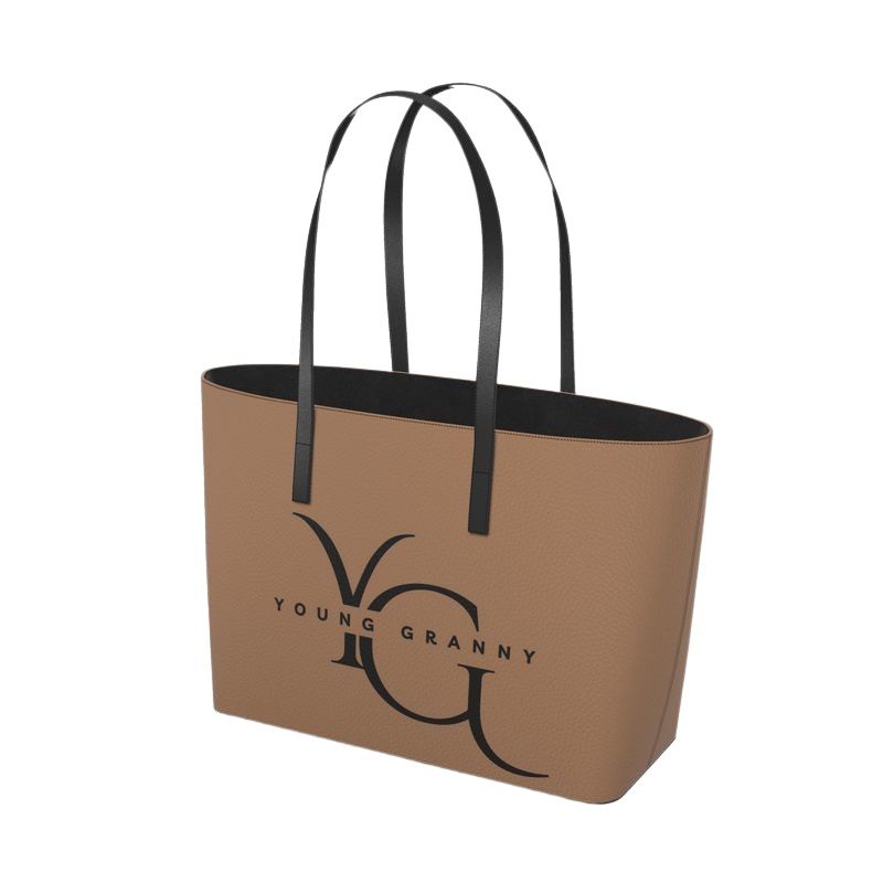 Brown small tote bag with black handles and 'Young Granny' logo on a white background