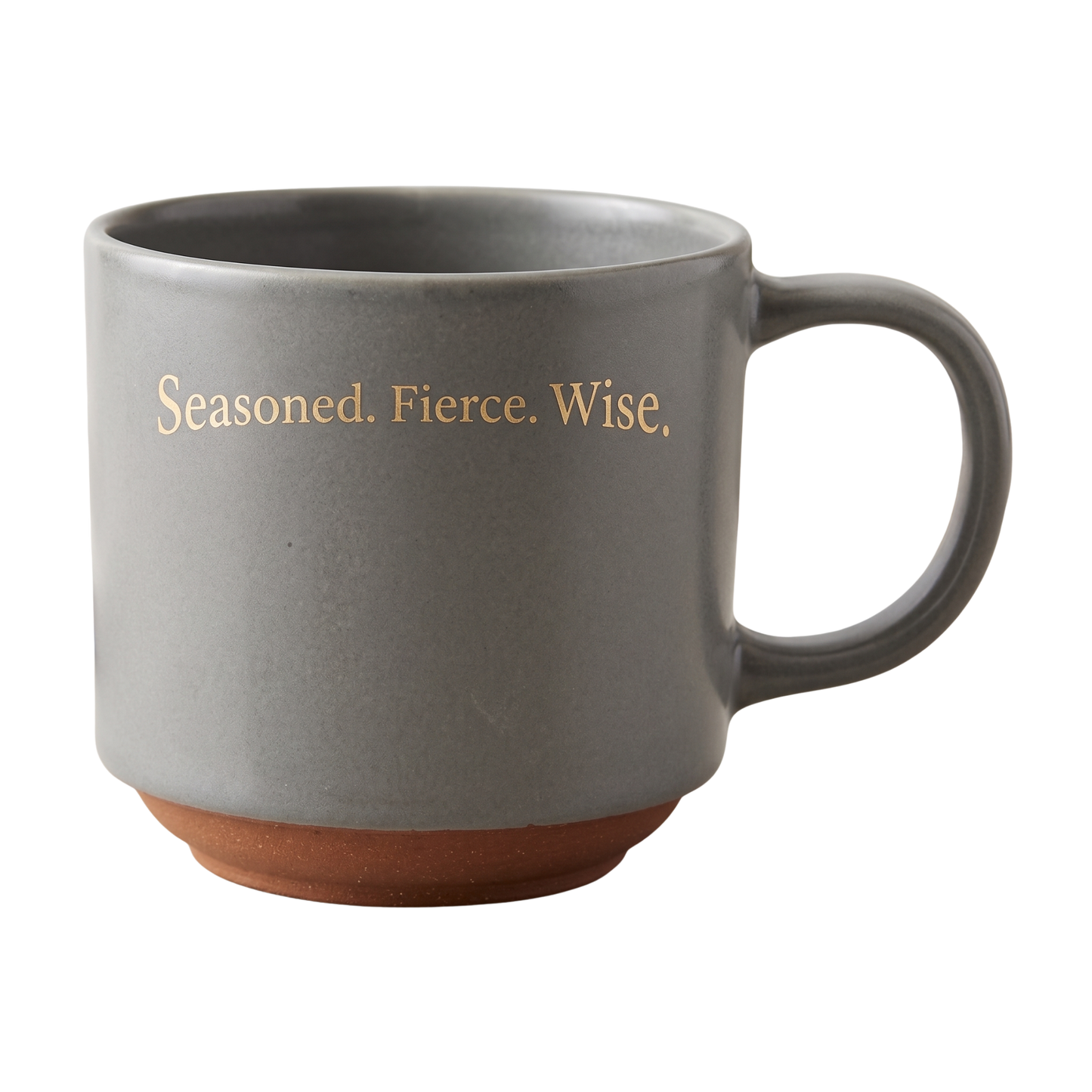 Ash mug with 'Seasoned. Fierce. Wise.' text