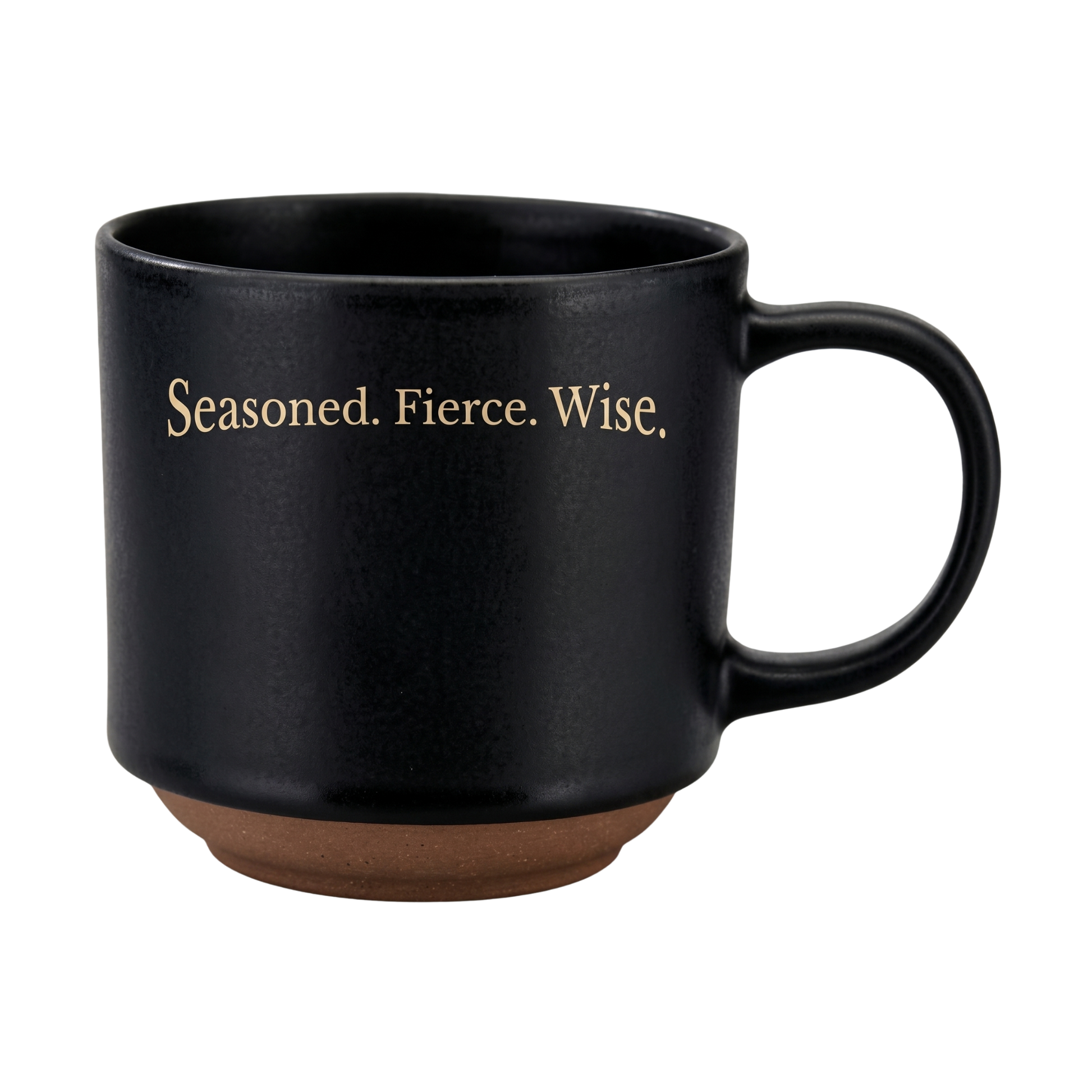 Black mug with 'Seasoned. Fierce. Wise.' text