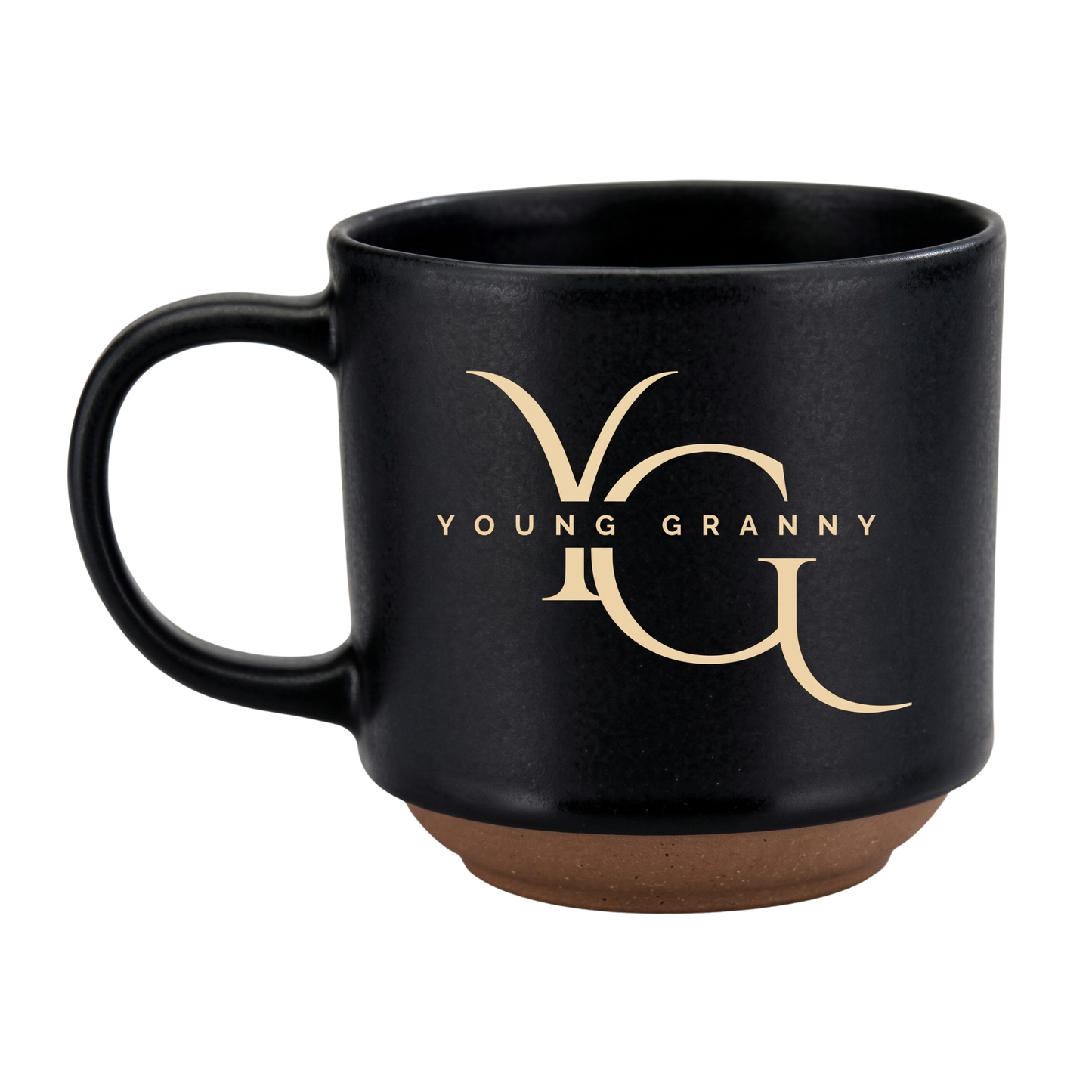 Black mug with 'Young Granny' logo