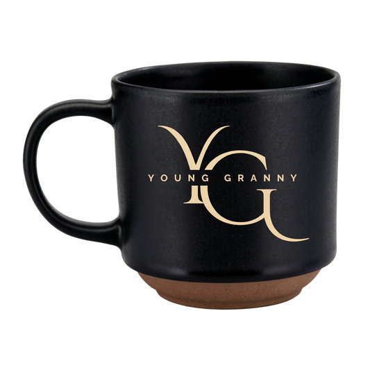 Black mug with 'Young Granny' logo
