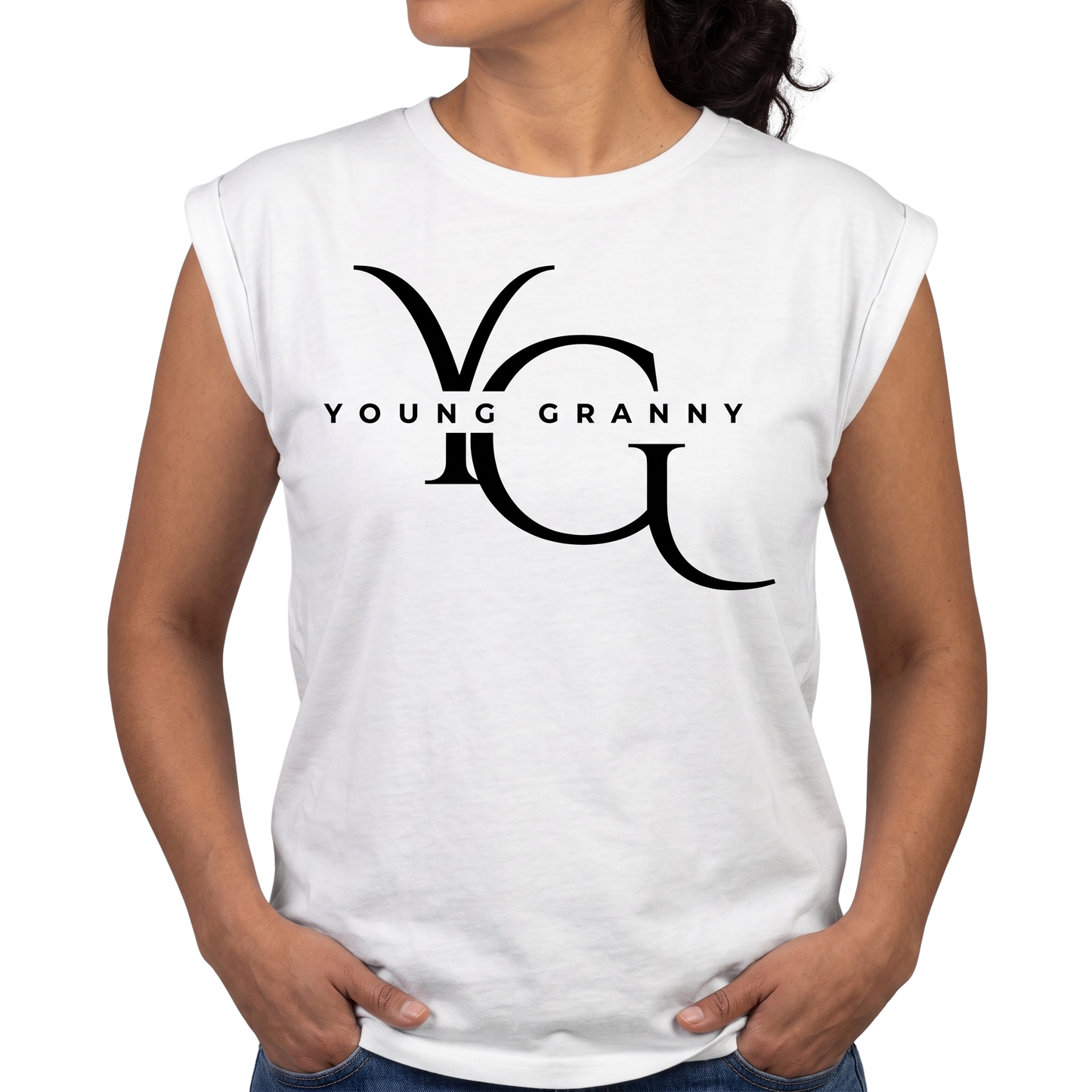 Medium White sleeveless shirt with 'Young Granny' logo worn by a person on a white background - M