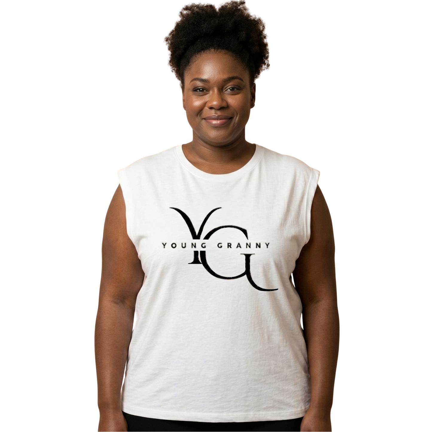Person wearing a 2XL white sleeveless shirt with 'YOUNG GRANNY' logo - 2XL