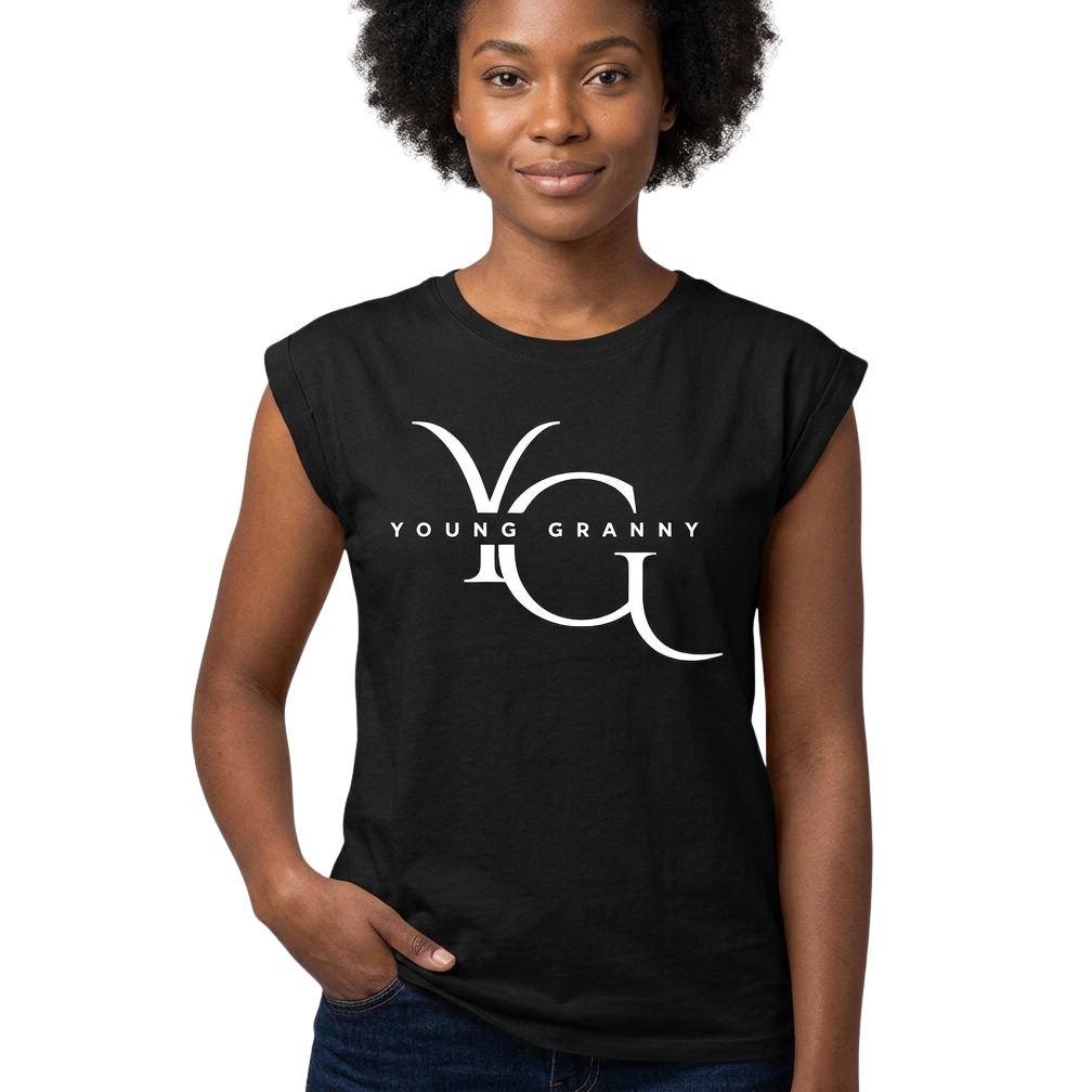 Person wearing a S black t-shirt with 'Young Granny' logo