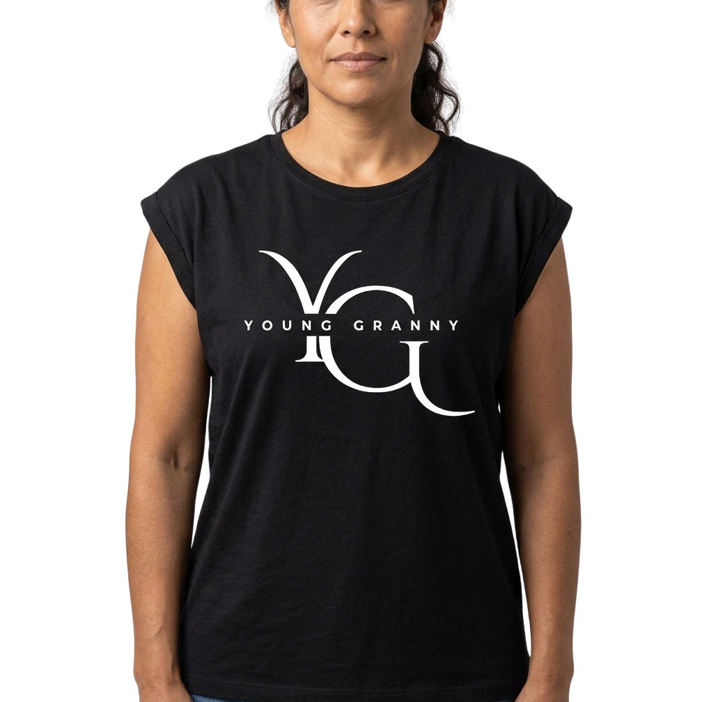 Person wearing a black M sleeveless shirt with 'YOUNG GRANNY' logo.