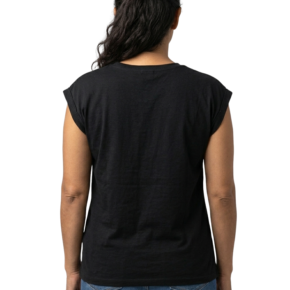Person wearing a black M t-shirt on a white background