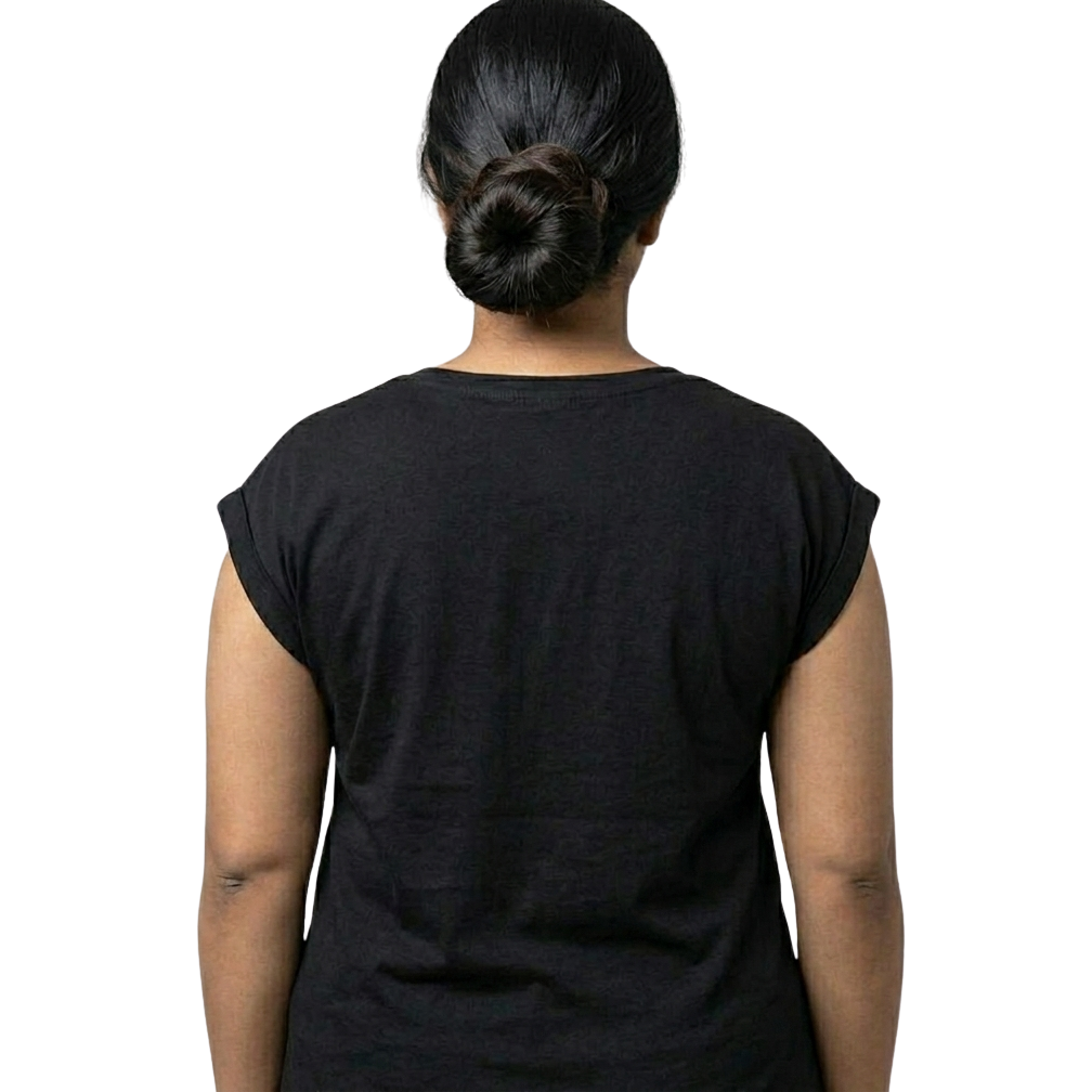 Person wearing a black XL t-shirt