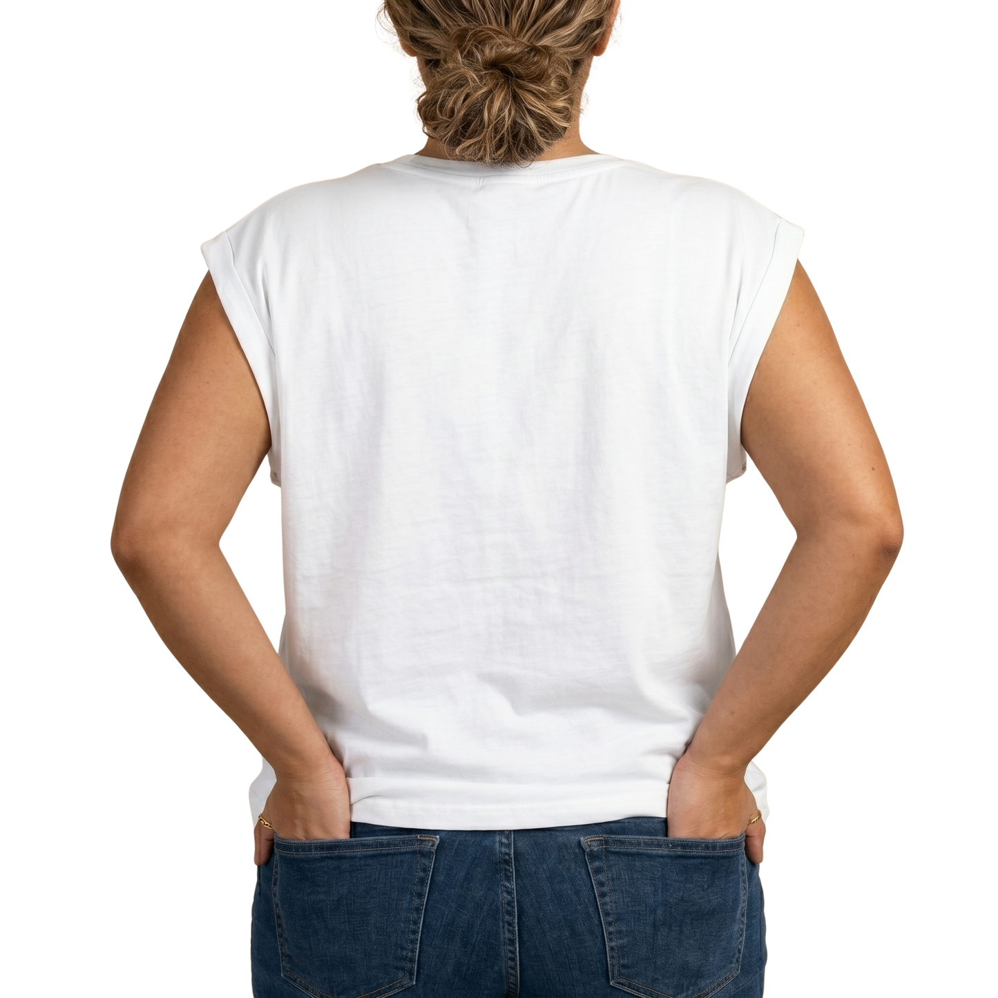 Person wearing a plain large white sleeveless shirt on a white - L