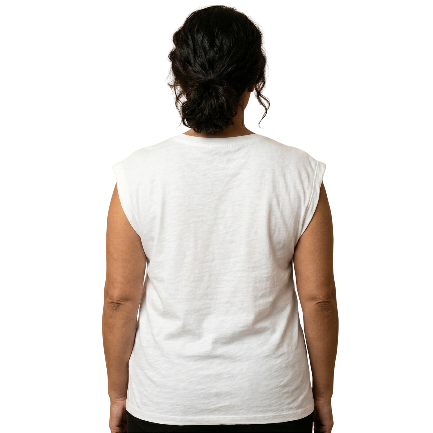 Person wearing an extra large white sleeveless top on a white background - XL