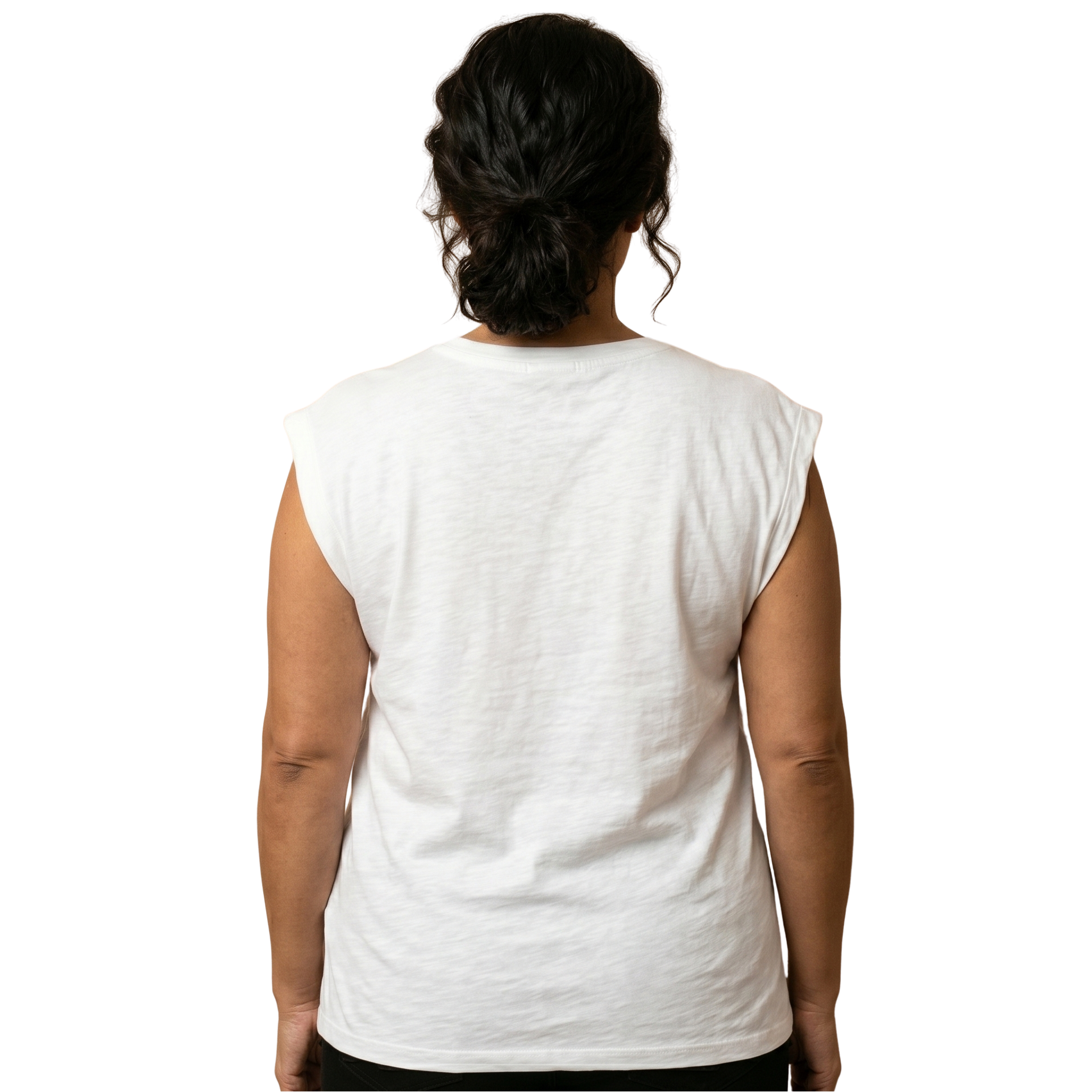 Person wearing an extra large white sleeveless top on a white background - XL