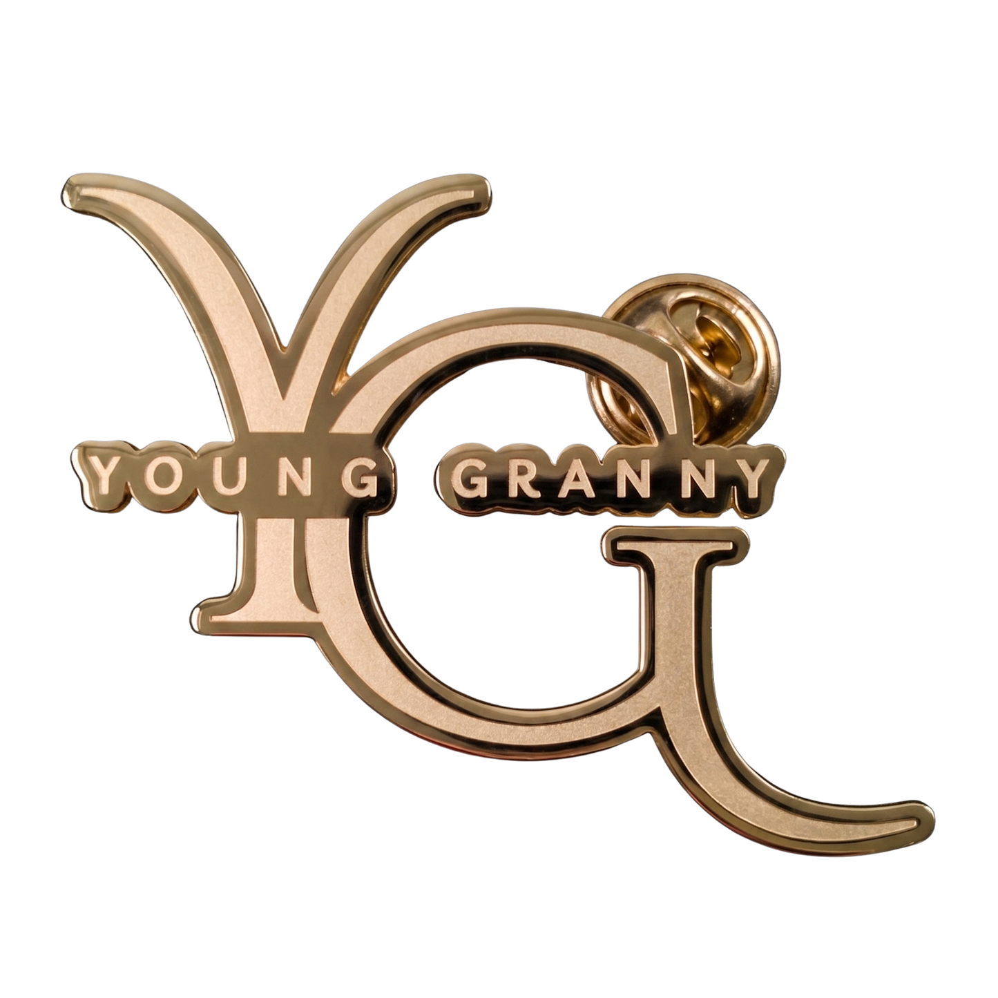 Rose gold brooch with 'YOUNG GRANNY' text