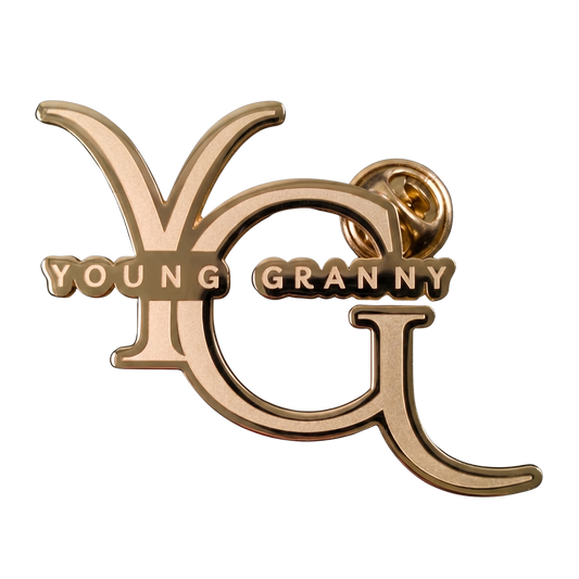 Rose gold brooch with 'YOUNG GRANNY' text
