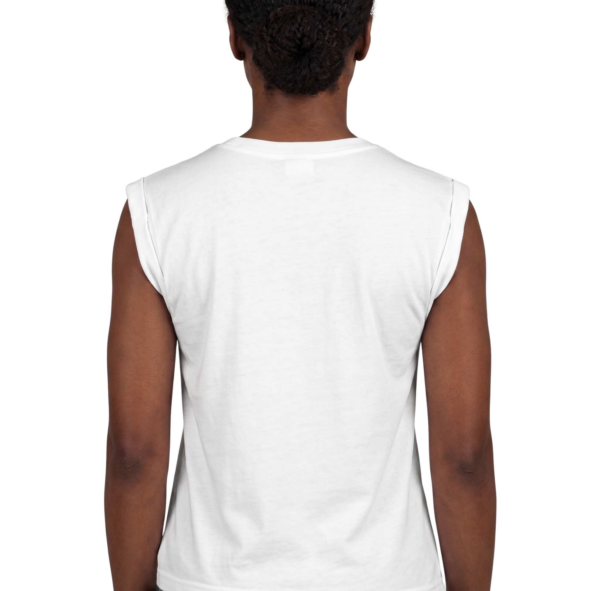 Small White sleeveless shirt worn by a person on a white background - S