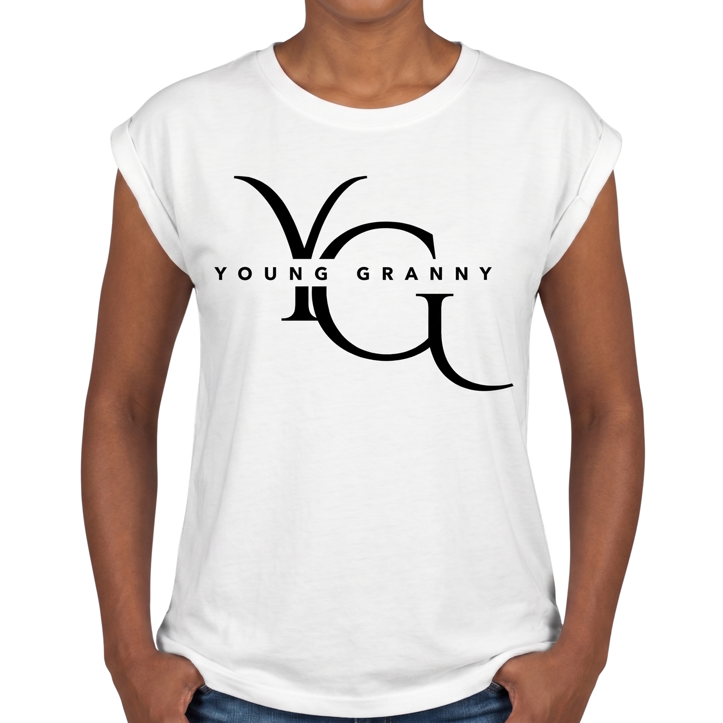 Small White t-shirt with 'Young Granny' logo worn by a person on a white background - S
