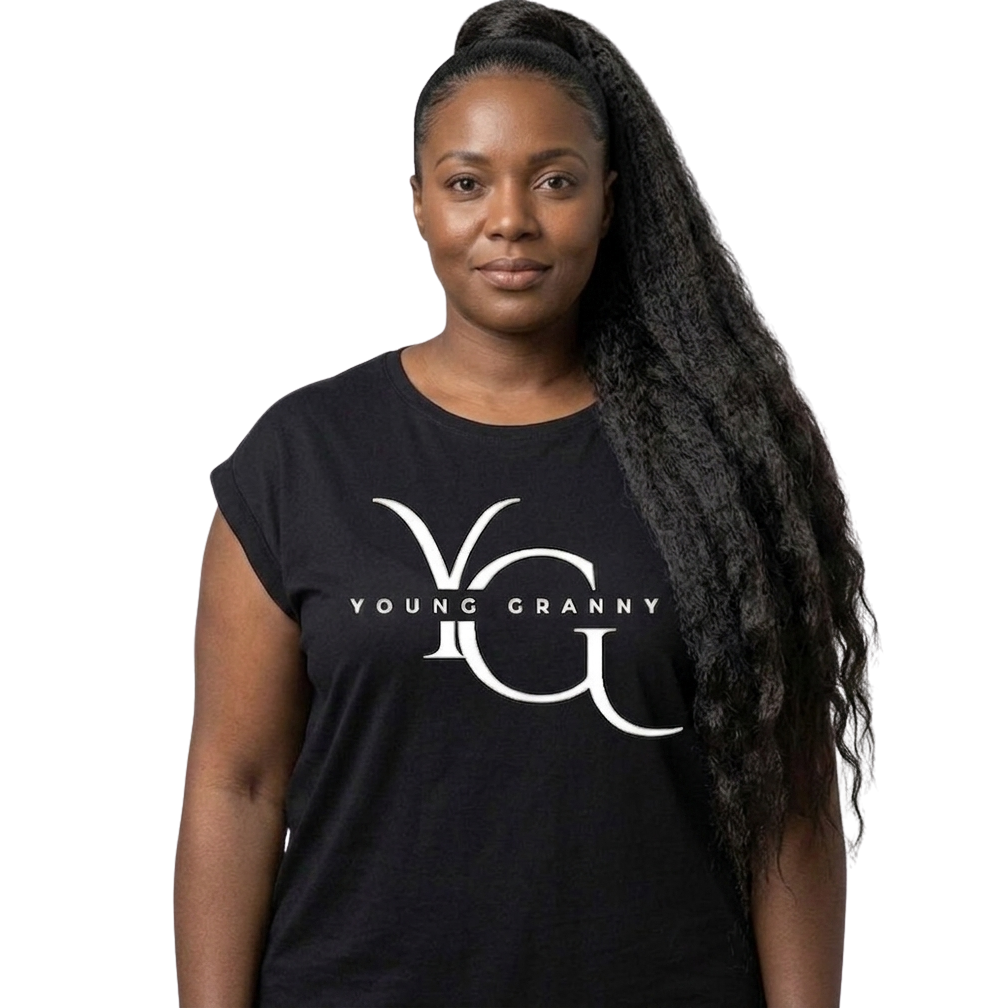 Woman wearing a 2XL black t-shirt with 'Young Granny' logo