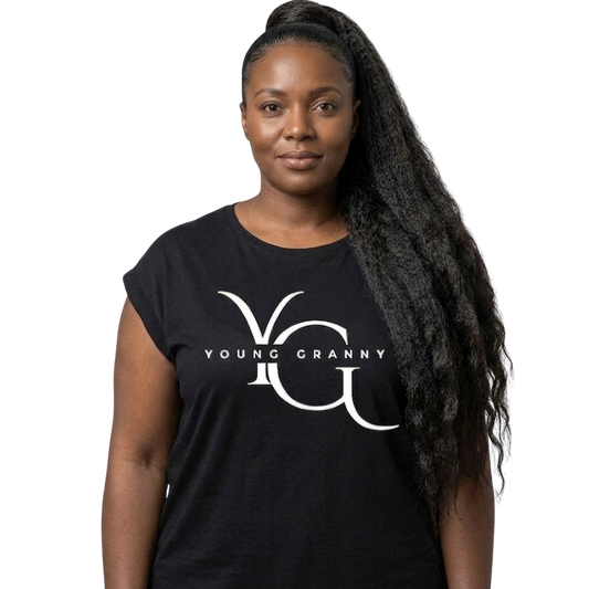 Woman wearing a 2XL black t-shirt with 'Young Granny' logo