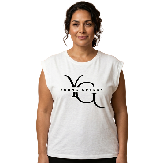 Woman wearing a Extra Large white sleeveless shirt with 'Young Granny' logo on a white background - XL
