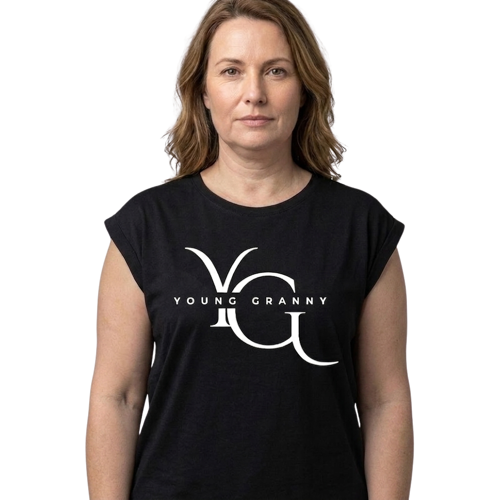 Woman wearing a black L t-shirt with 'Young Granny' logo