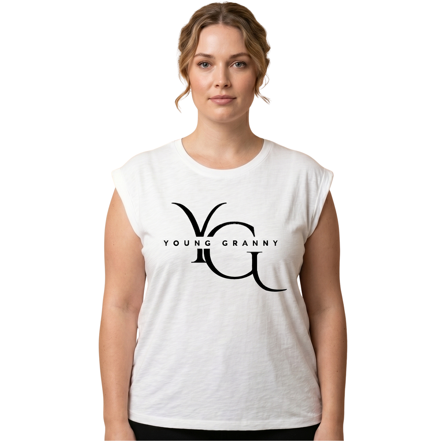 Woman wearing a large white sleeveless shirt with 'YOUNG GRANNY' logo on a white background - L