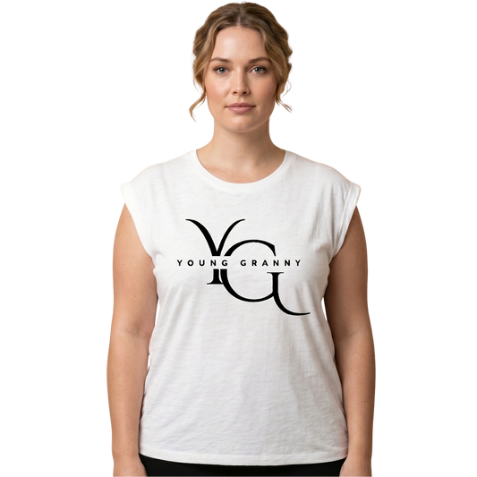 Woman wearing a large white sleeveless shirt with 'YOUNG GRANNY' logo on a white background - L