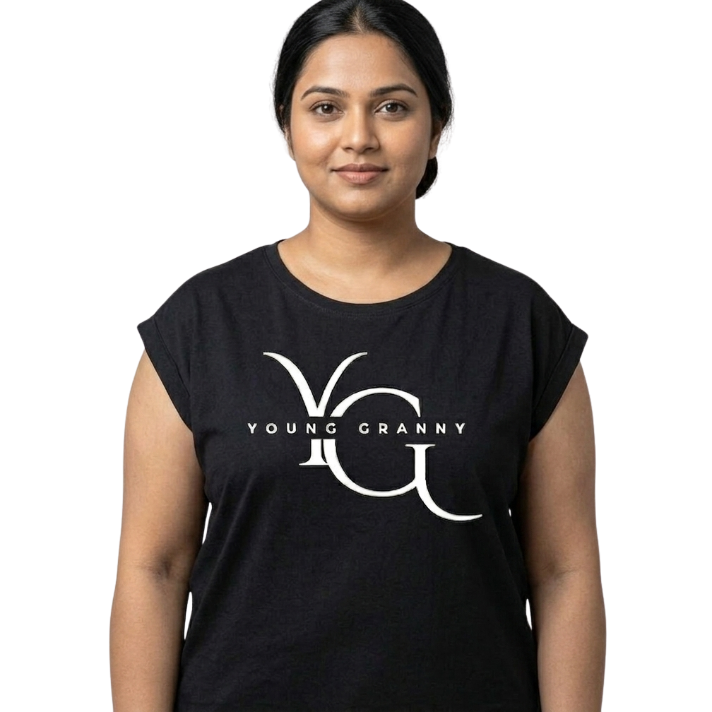 Woman wearing an XL black t-shirt with 'YOUNG GRANNY' logo