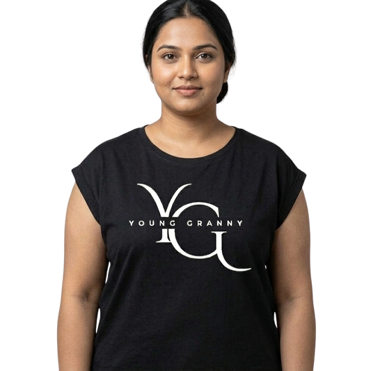Woman wearing an XL black t-shirt with 'YOUNG GRANNY' logo