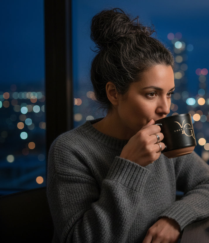 woman drinking from black YG mug